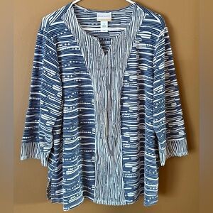 ALFRED DUNNER WOMEN'S SIZE 1X BLUE/WHITE TOP 3/4 SLEEVE BEADED FLOWY